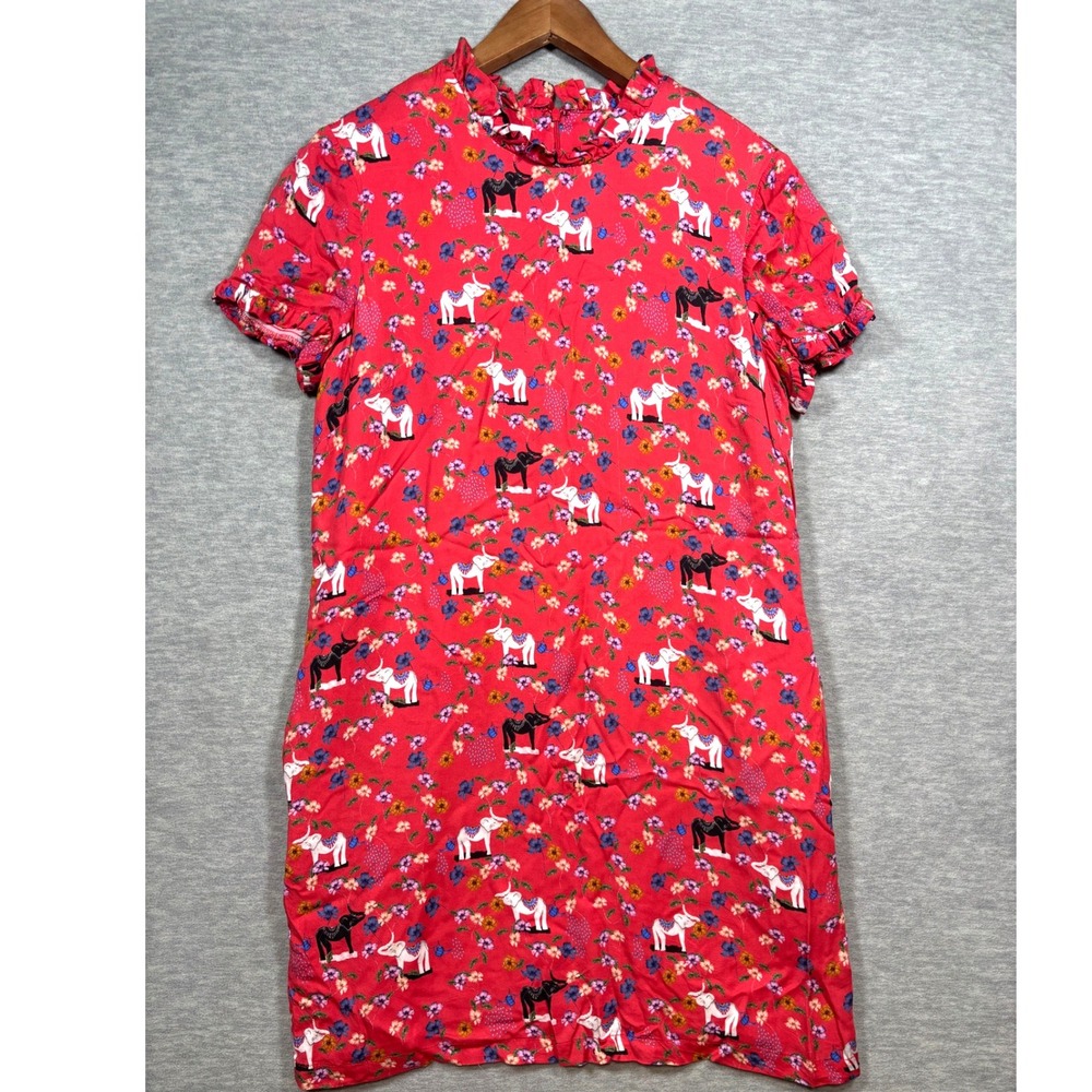 Anthropologie Corey Lynn Calter Dress M Red Elephant Floral Print Ruffleβ Neck